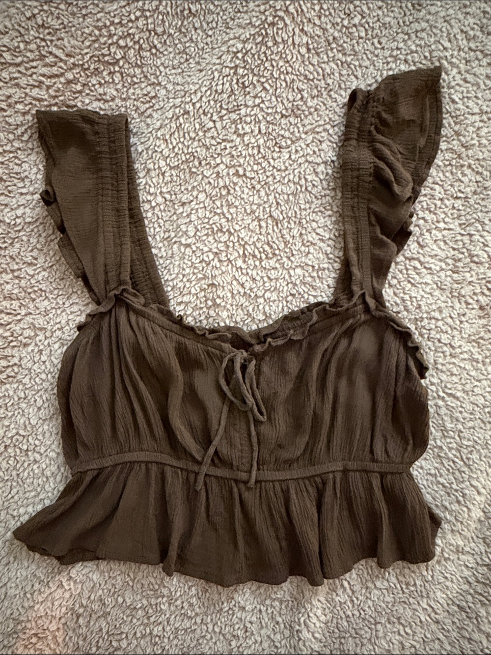 Brown Ruffle Tie-Front Crop Top